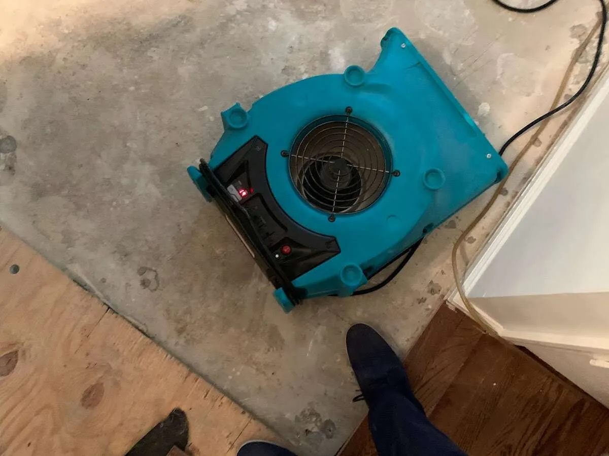 Air mover drying subfloor during Commercial Water Damage Restoration in Hastings-on-Hudson